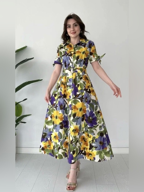 Zara Dresses & Skirts - ZARA BELTED FLORAL PRINTED POPLIN MIDI SHIRT DRESS in Crème,Yellow, Blue & Green